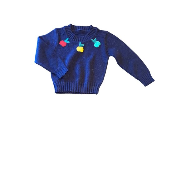 Navy Blue Knit Toddler Sweater With Colorful Fruit Applique Design Vintahe 80s 1 - Picture 1 of 3